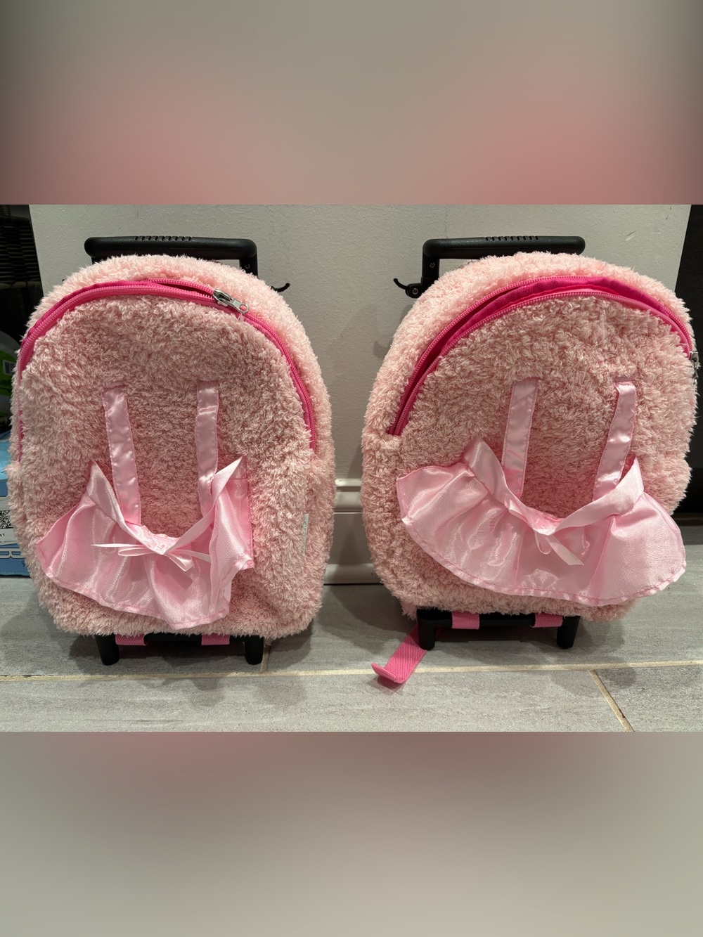 Pink Plush Kids Rolling Backpack with Bow